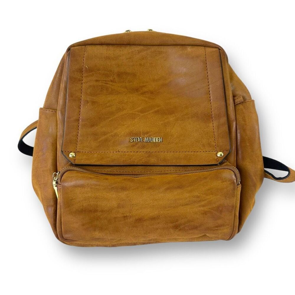 Steve Madden Flap Top Mini‎ Leather Backpack Caramel Brown Contemporary Travel
